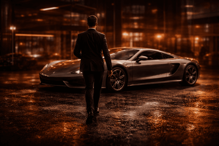 Founder walking toward a luxury car