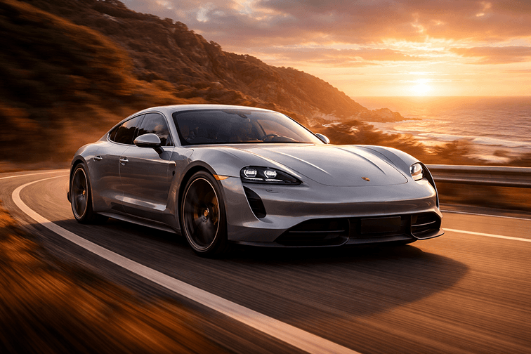 Premium electric sports car on a scenic road